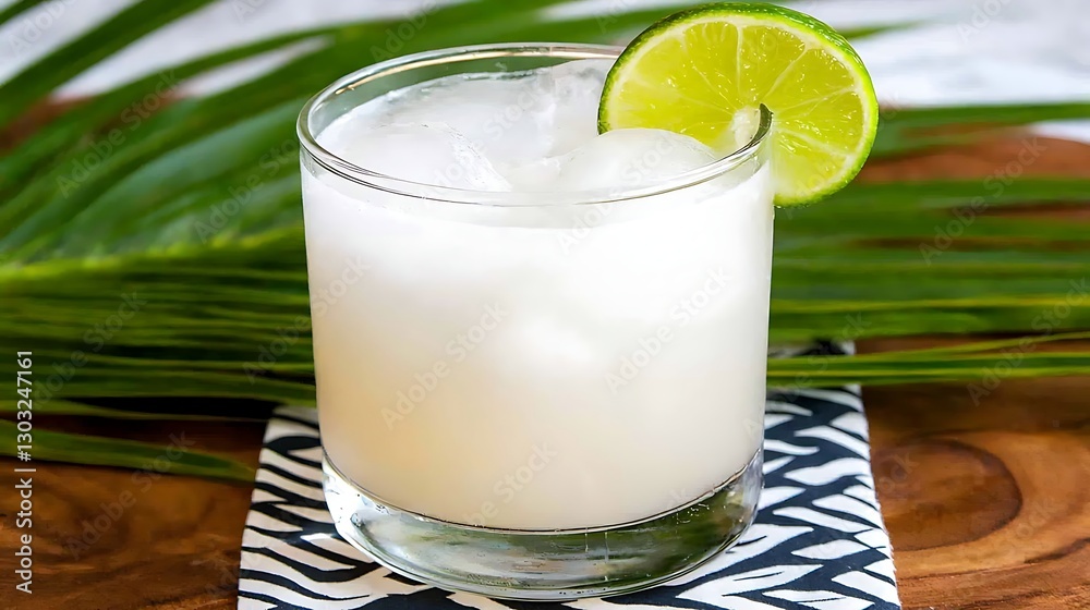 Refreshing Coconut Drink with Ice and Lime Slice on Wooden Surface Surrounded by Green Leaves Refreshing Coconut Drink with Ice and Lime Slice on Wooden Surface Surrounded by Green Leaves