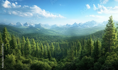 panoramic view of the dense green forests in the Mountains, with mountains visible on the horizon