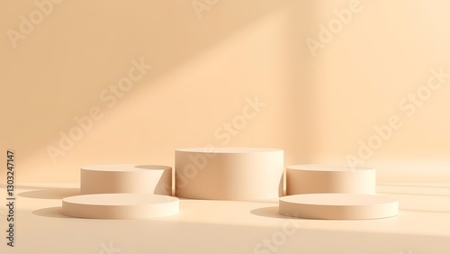 sophisticated 3d podium arrangement, multiple round platforms, neutral tones, warm lighting, clean composition, ideal for luxury branding, beauty products, skincare promotions