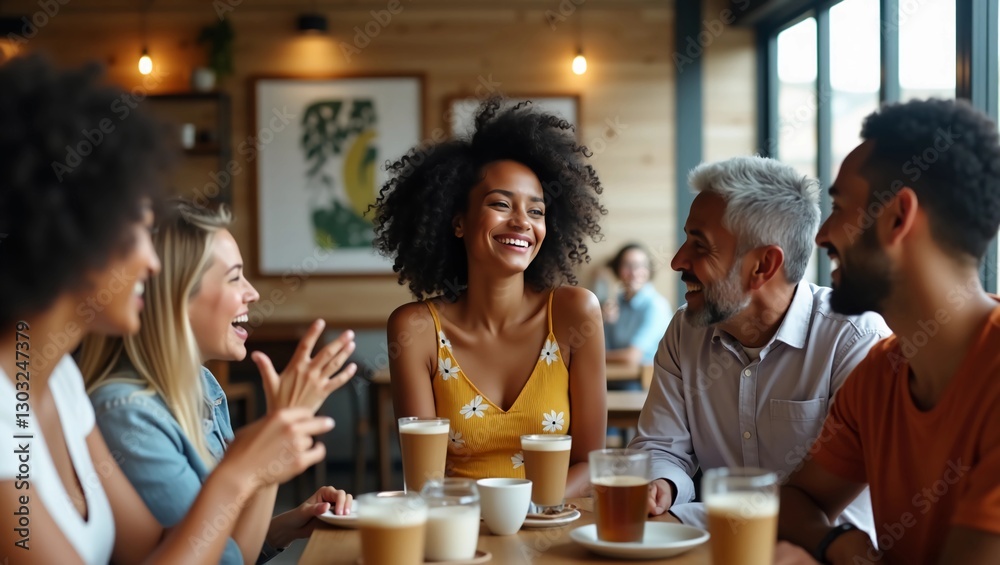 Smiling young African American woman and diverse friends hanging out in a cafe together Smiling young African American woman and diverse friends hanging out in a cafe together