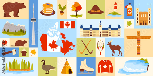 Vector illustration showcasing key Canadian cultural elements such as national landmarks, animals, and traditions. Highlights the rich heritage of Canada.