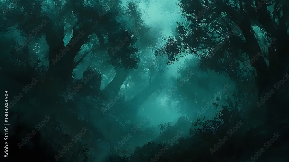 Fototapeta premium A mystical forest enveloped in an eerie turquoise and deep fog