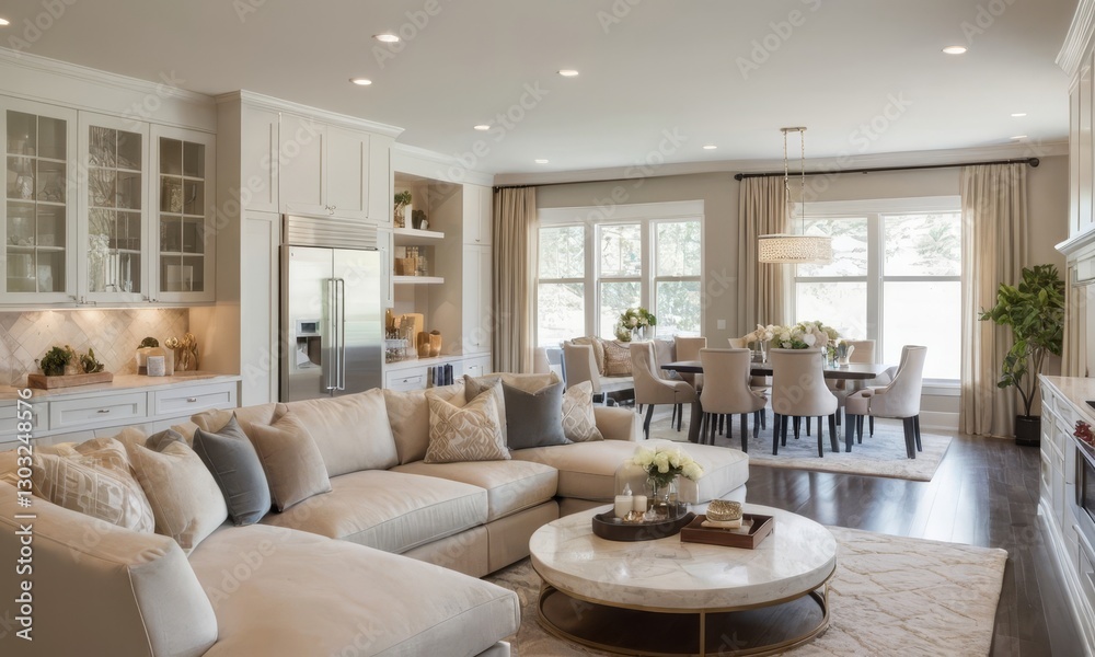 Fototapeta premium Elegant and bright open-plan living and dining space with modern design elements