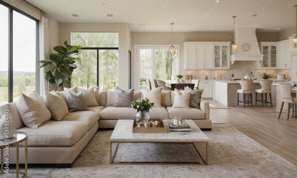 Fototapeta premium Elegant Open Concept Living Room and Kitchen Design with Natural Light