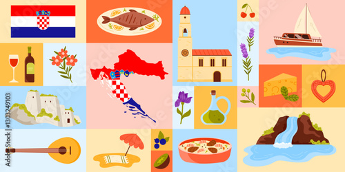 Detailed design featuring Croatian landmarks, traditional dishes, coastal elements, and cultural symbols like olive oil, cheese, and boats. Ideal vector illustration for travel and cultural promotions
