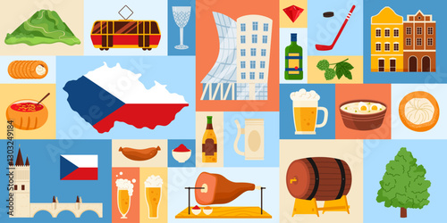 Illustration of Czech culture highlighting iconic landmarks, traditional foods, drinks, and unique cultural elements like Prague Castle, beer, and dumplings. Ideal for cultural or travel themes.
