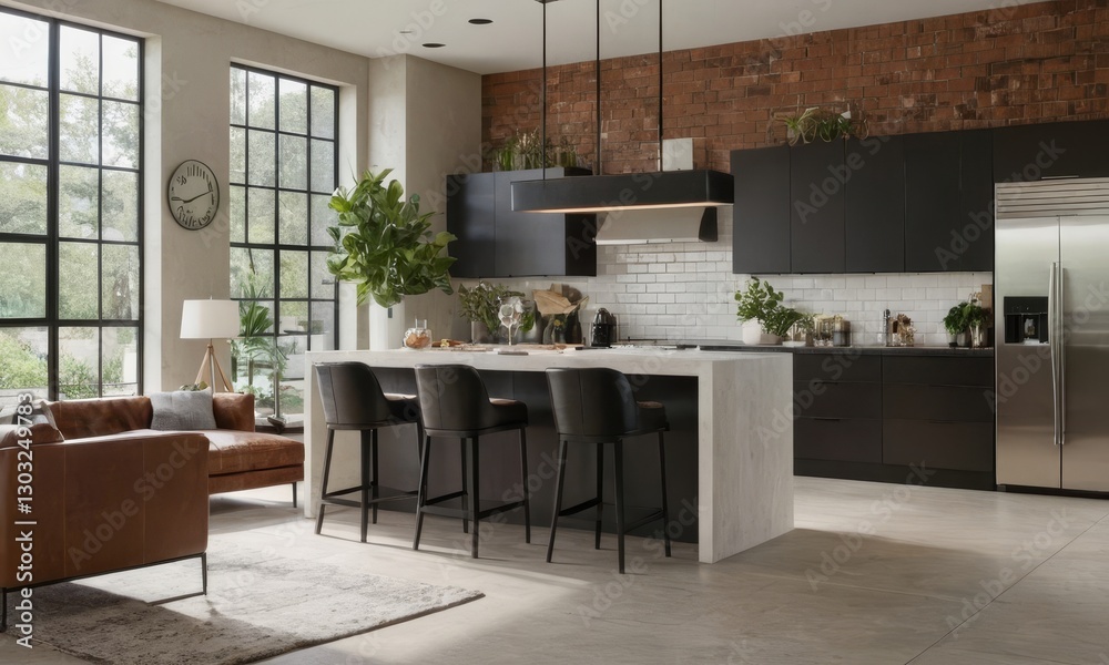 Fototapeta premium Elegant and Modern Kitchen Interior with Island and Cozy Living Space