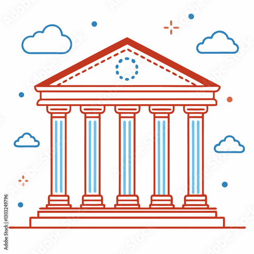 Vector Outline of a classical building with columns and clouds in a minimalist style