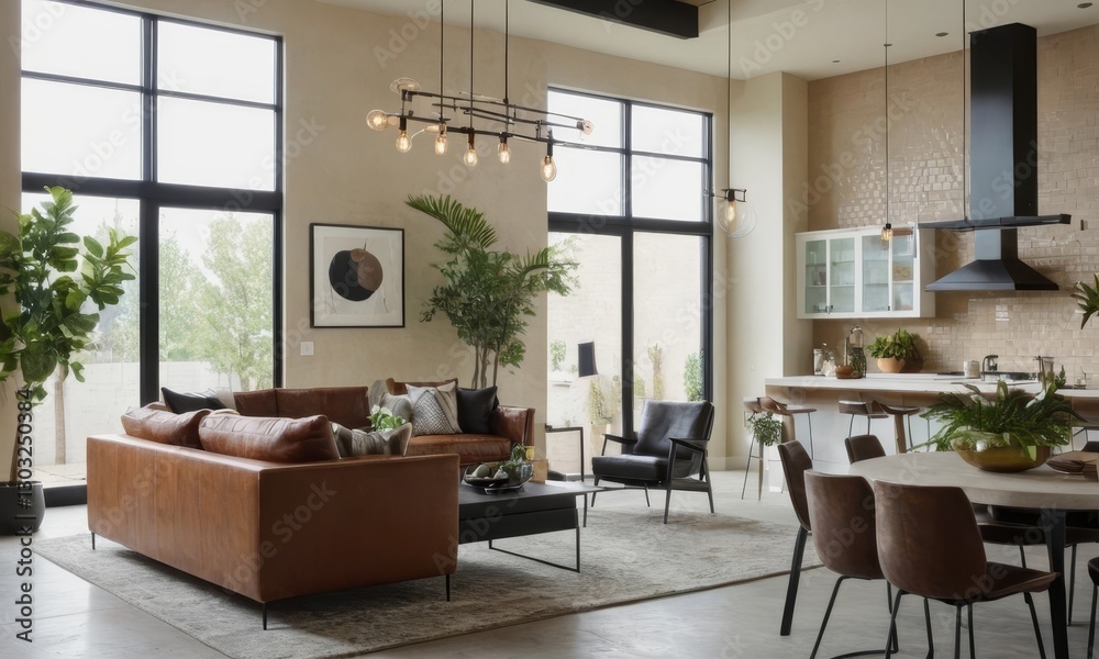 Fototapeta premium Sophisticated Interior Design with Open Floor Plan, Natural Light and Contemporary Furnishings Showcasing a Modern Home
