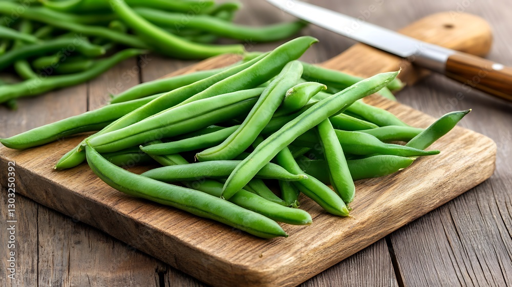 Fresh Green Beans on Wooden Cutting Board with Knife and Background of Raw Green Beans Fresh Green Beans on Wooden Cutting Board with Knife and Background of Raw Green Beans