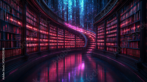 A futuristic digital library with glowing binary code flowing across bookshelves, symbolizing the fusion of traditional knowledge and modern information technology, data storage, and digital advanceme