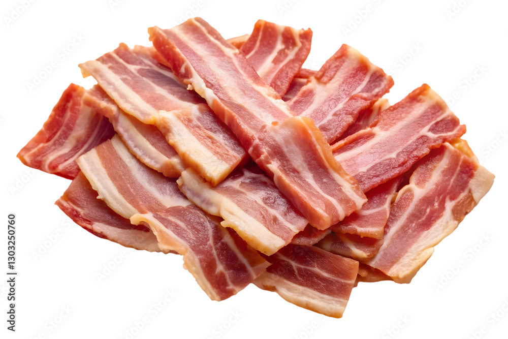 Crispy Bacon Slices: A pile of fresh, uncooked bacon slices, arranged in a visually appealing stack, ready for cooking and the delicious aroma and taste they promise. Crispy Bacon Slices: A pile of fresh, uncooked bacon slices, arranged in a visually appealing stack, ready for cooking and the delicious aroma and taste they promise.