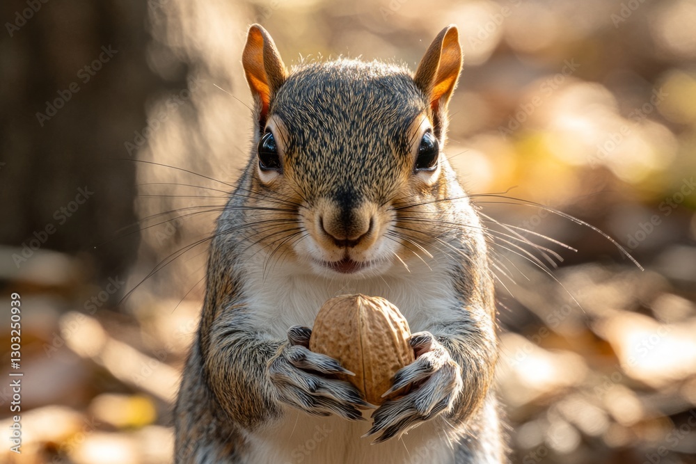 Close-up of an eastern gray squirrel holding a walnut in its paws, surrounded by autumn leaves in a natural setting Close-up of an eastern gray squirrel holding a walnut in its paws, surrounded by autumn leaves in a natural setting