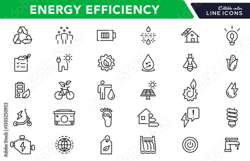 Energy efficiency line icon set. ECO, electric, power, solar panel, economy, battery, re-use, and natural icon collection. UI thin outline icon pack