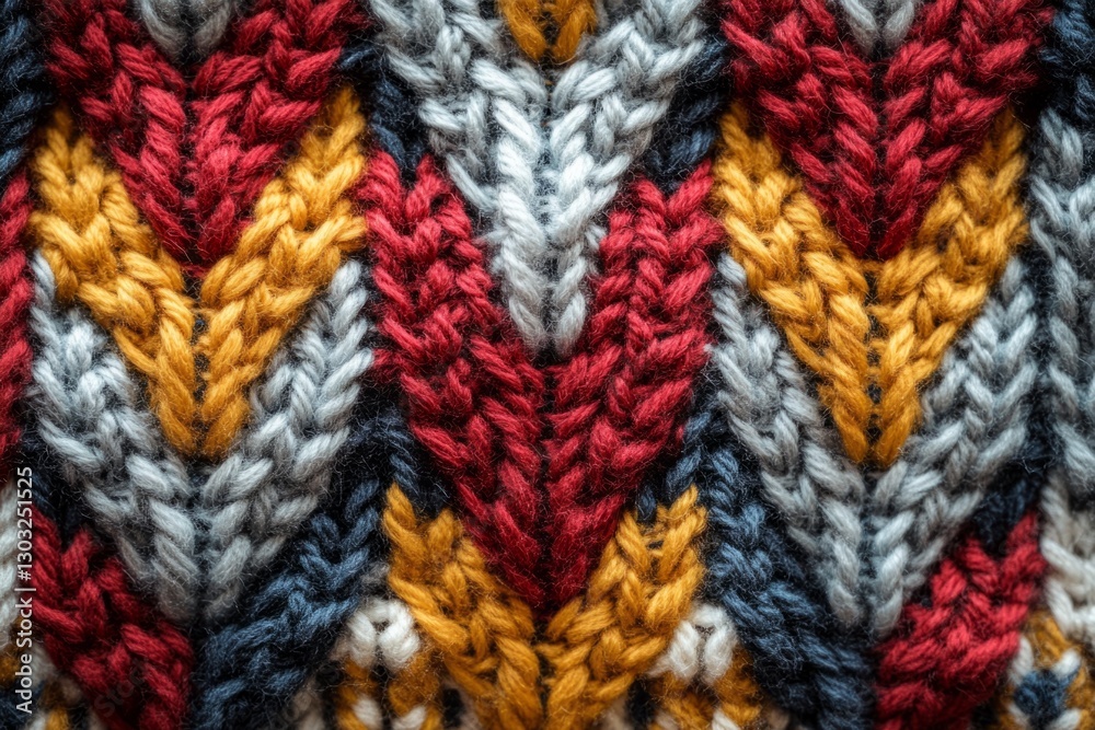 Close-up view of a vibrant knitted fabric, showcasing a chevron pattern in red, yellow, gray, and blue hues Close-up view of a vibrant knitted fabric, showcasing a chevron pattern in red, yellow, gray, and blue hues