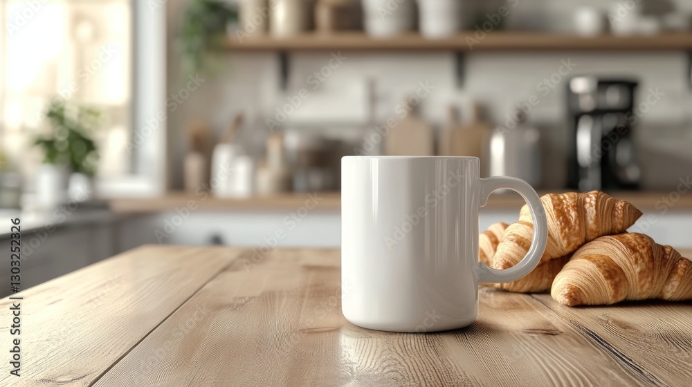 Obraz premium White ceramic mug and croissants on a wooden kitchen table