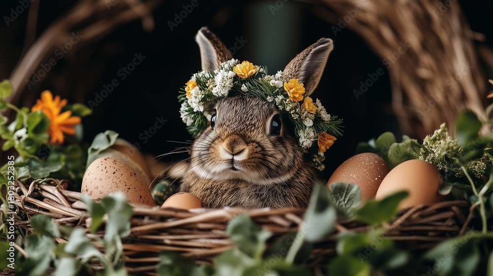 Obraz premium Easter Rabbit with coloured eggs in basket