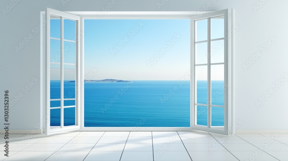 Fototapeta premium Open window view ocean digital art bright interior serene perspective midjourney concept
