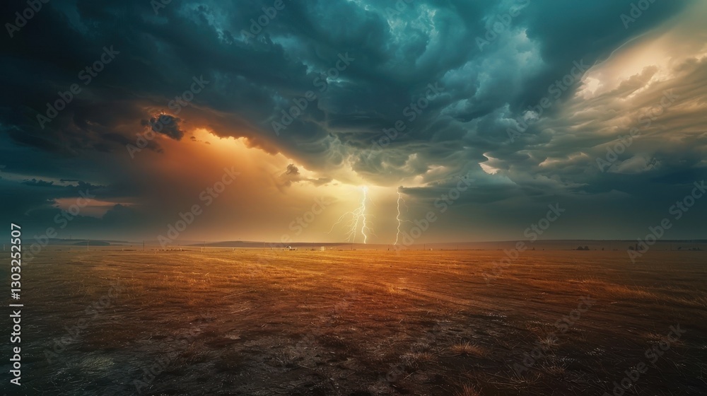 Obraz premium Thunderstorm creates an abstract scene of power. Lightning strikes, illuminating the dark clouds.