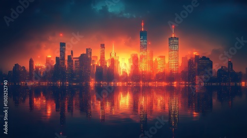 dark modern cityscape with high rise buildings city lights