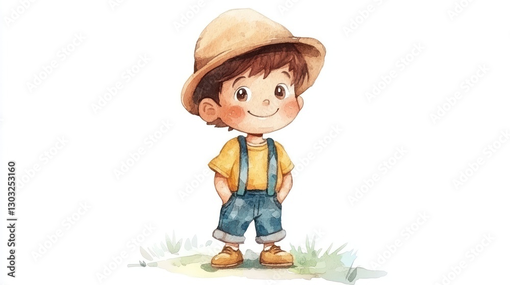 Cheerful young boy in straw hat standing on grass with hands in pockets Cheerful young boy in straw hat standing on grass with hands in pockets
