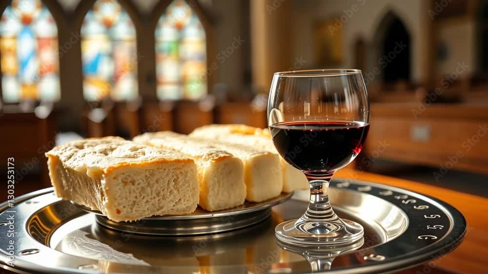 Close up view of communion elements bread and wine ready for holy eucharist in a church interior Close up view of communion elements bread and wine ready for holy eucharist in a church interior
