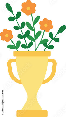 Trophy with flowers flat vector illustration.
Golden trophy flowers drawing Isolated.
The winner's golden cup is filled with flowers.
Transparent background.