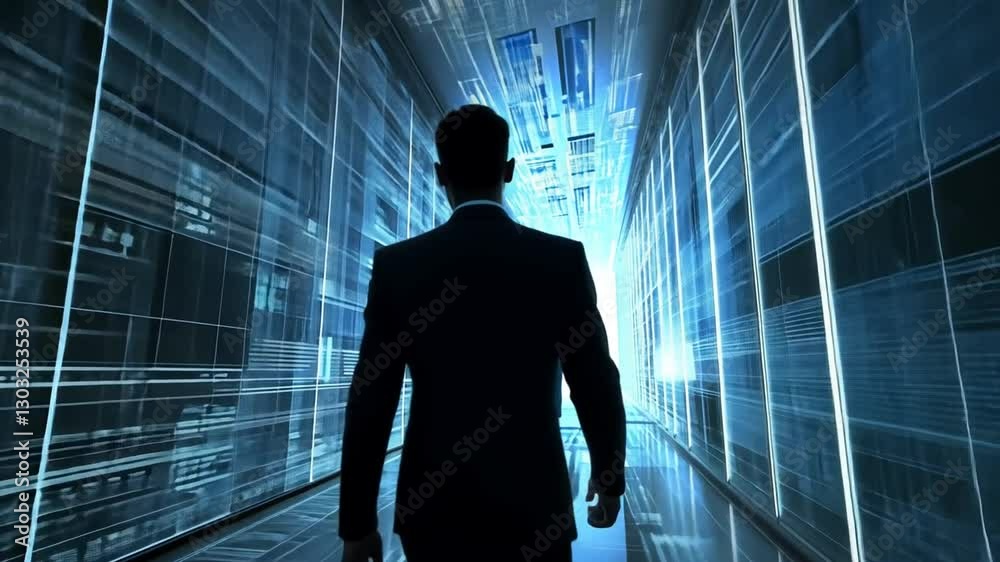 Man walking in a futuristic corridor with data streams, symbolizing technological advancement