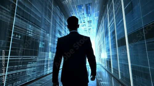 Man walking in a futuristic corridor with data streams, symbolizing technological advancement