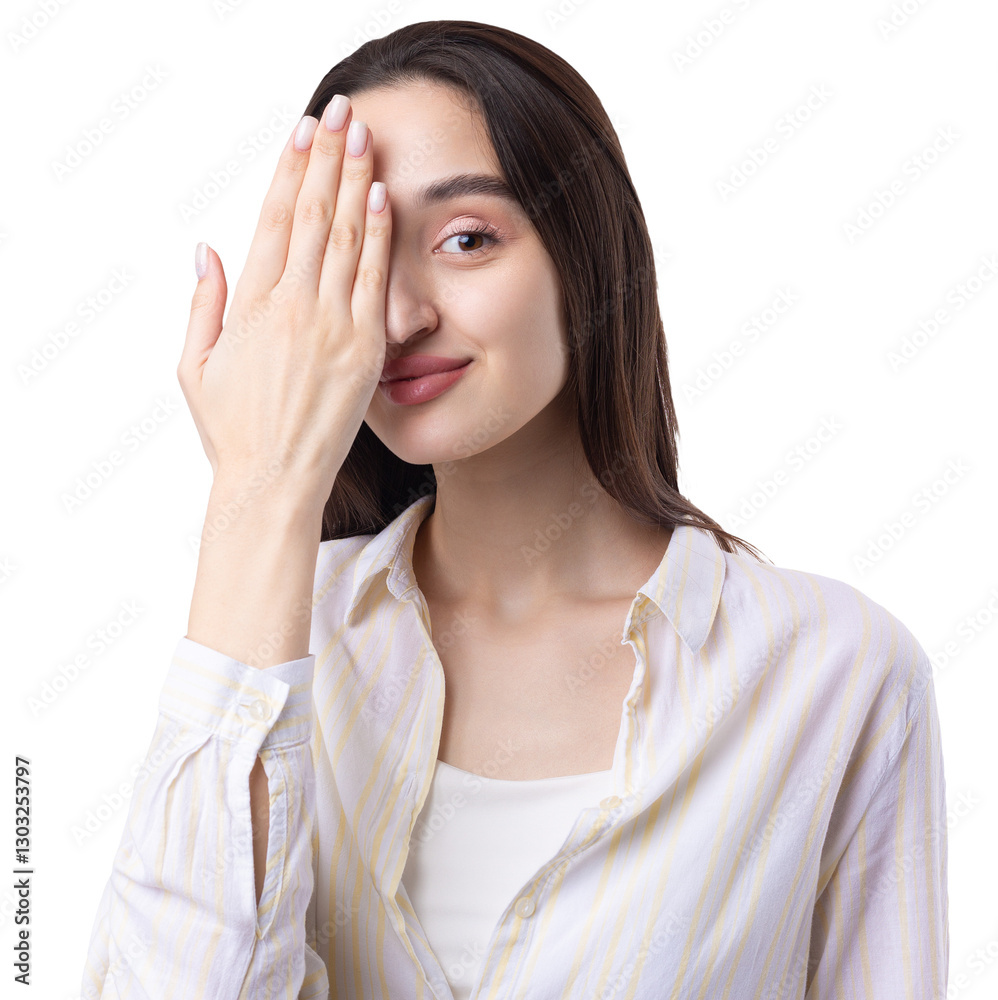 Portrait of a serious young woman showing stop gesture with her palm over white background Portrait of a serious young woman showing stop gesture with her palm over white background