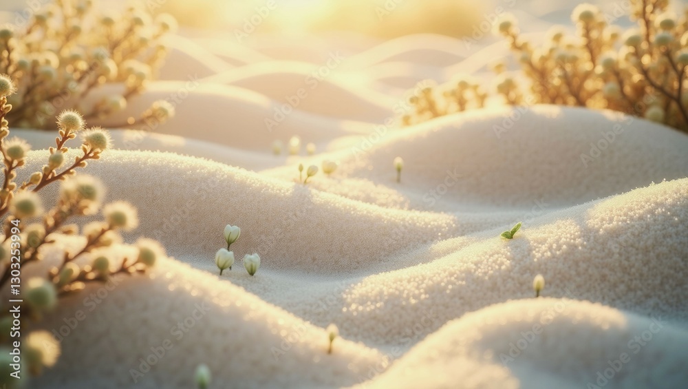 Fototapeta premium A snowy field is covered in white flowers. The snow is fluffy and the flowers are small and delicate. The scene is peaceful and serene, with the snow