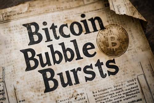 Vintage Newspaper Headline 'Bitcoin Bubble Bursts' with Bitcoin Coin, Symbolizing Cryptocurrency Crash, Financial Crisis, and Economic Instability
