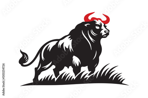 Black Bull with Red Horns Standing Proudly on Grass – Symbol of Strength and Resilience