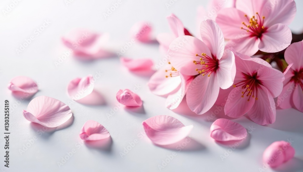 Soft pink petals scattered on a delicate cherry blossom branch, floral arrangement, pink cherry blossoms, spring flowers Soft pink petals scattered on a delicate cherry blossom branch, floral arrangement, pink cherry blossoms, spring flowers