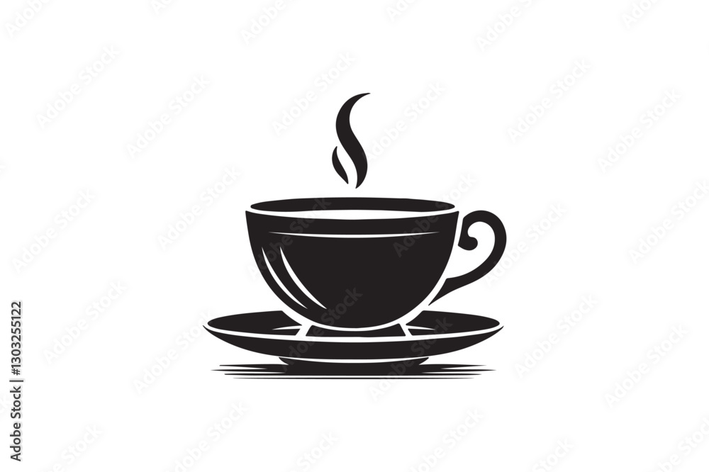 Minimalist Black and White Steaming Coffee Cup on Saucer.