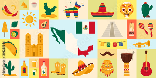 Travel to Mexico geometric poster design. Elements of Mexican culture and carnival party, map and flag of country, sombrero and poncho, moustache of mariachi and tequila cartoon vector illustration