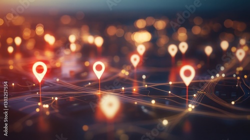Aerial view of glowing digital map with highlighted routes and locations, symbolizing targeted advertising and location-based services, surrounded by city lights and traffic.
