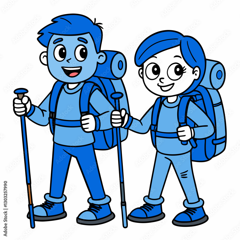 Cartoon kids hiking with backpacks and trekking poles, outdoor adventure for children Cartoon kids hiking with backpacks and trekking poles, outdoor adventure for children