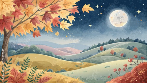 Watercolor Landscape Background with Copy Space: Rolling Hills Under a Crisp Night Sky with the Moon Shining Brightly, Framed by Delicate Autumn Leaves in Hues of Gold and Crimson