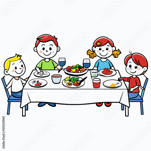 Happy children enjoying a meal together, cheerful dining illustration