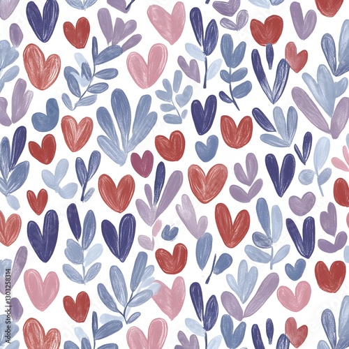 Small pink and light blue hearts with some plants on a white background, pattern