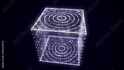 Abstract blue cube with connecting dots and lines. Big data visualization. Blockchain technology concept. Wireframe network connection structure with circle. 3d rendering.