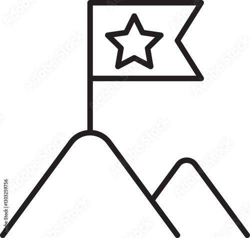 Mountain with flag and star symbol. line icon