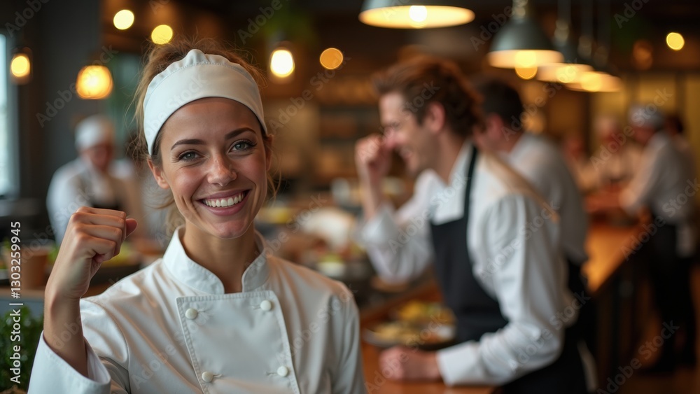 Smiling woman chef is posing for a picture in a restaurant. The atmosphere is lively and cheerful, with other people in the background Smiling woman chef is posing for a picture in a restaurant. The atmosphere is lively and cheerful, with other people in the background