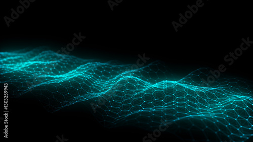 Technology green hexagon wave of particles and lines. Big data visualization. Analytics representation. Digital background. 3d rendering.