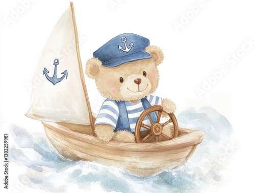 Cute teddy bear sailing on a small boat with a sailor hat in calm waters
