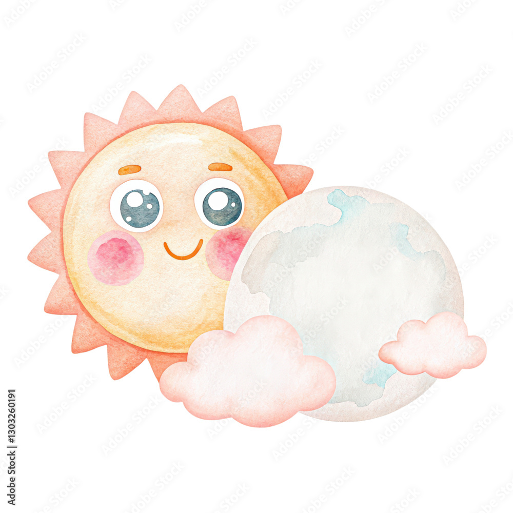 Whimsical sun and moon character illustration with clouds. Whimsical sun and moon character illustration with clouds.