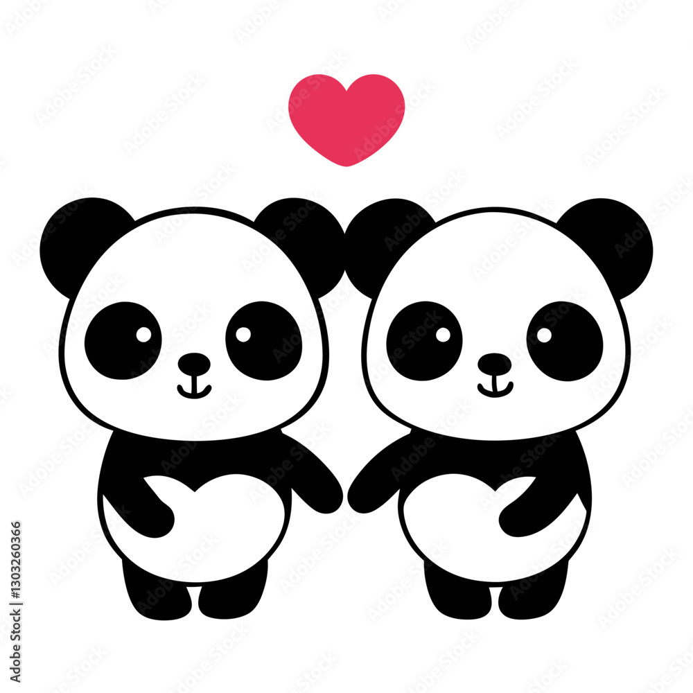Fototapeta premium two cute pandas holding hands with a heart floatin
