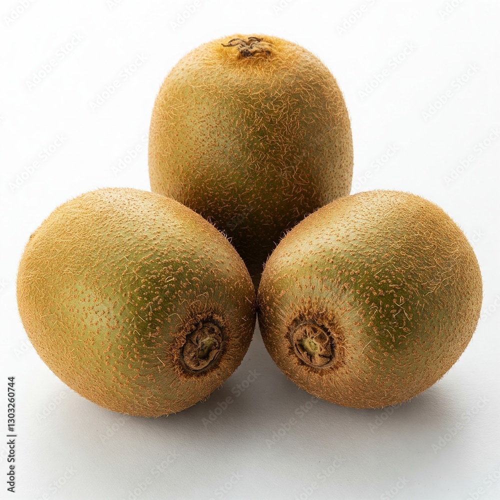 Three Whole Kiwi Fruits with Brown Fuzzy Skin Arranged on a White Background Three Whole Kiwi Fruits with Brown Fuzzy Skin Arranged on a White Background