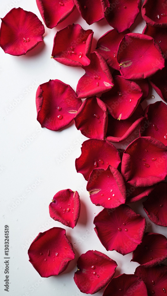 Scattered Red Rose Petals on White Background: Elegant Floral Imagery for Valentine's Day, Wedding Invitations, and Luxury Beauty Product Marketing Scattered Red Rose Petals on White Background: Elegant Floral Imagery for Valentine's Day, Wedding Invitations, and Luxury Beauty Product Marketing